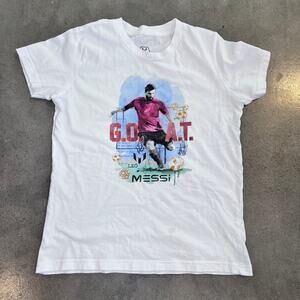 Lionel Messi Store GOAT soccer white cotton tshirt youth Medium boys futbol